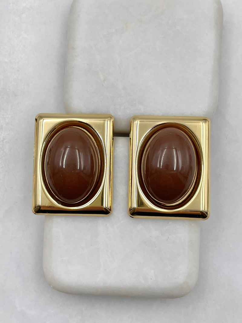 Oval Taşlı Dikdörtgen Vintage Küpe Kahve