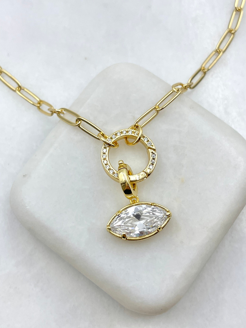 Oval Kristal Sallantılı Ataç Zincir Kolye Gold