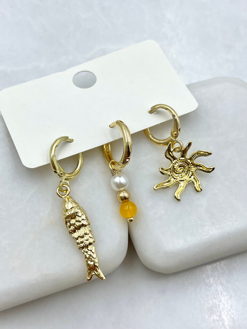 Güneş ve Balık Sallantılı Üçlü Set Küpe Gold