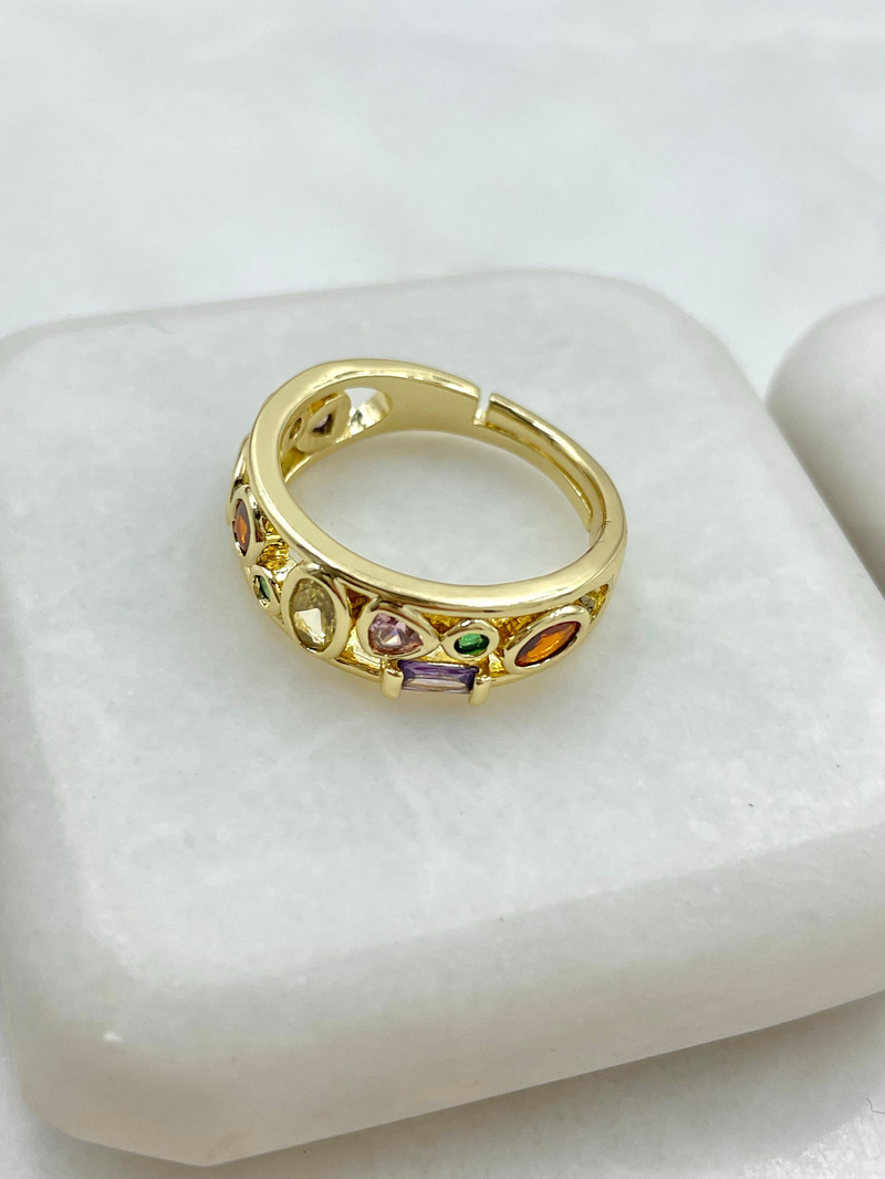 Altın Kaplama Renkli Kristal Taşlı Vintage Yüzük Gold