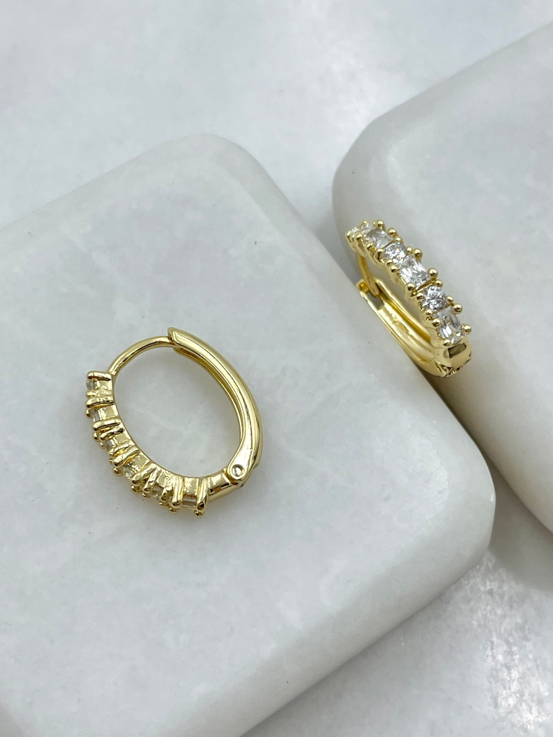 Özel Seri Kare Kristal Taşlı Oval Küpe Gold