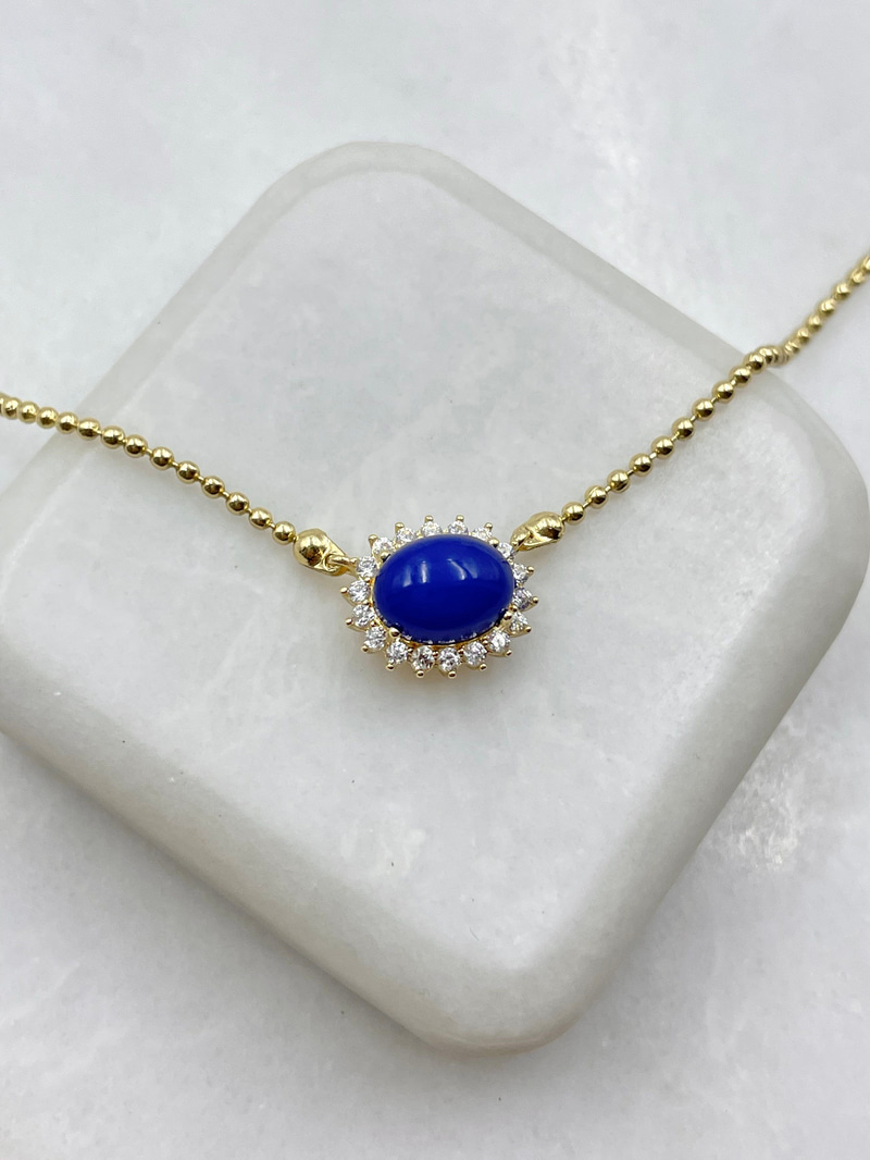 Lacivert Opal Taşlı Topçuk Zincir Kolye Gold