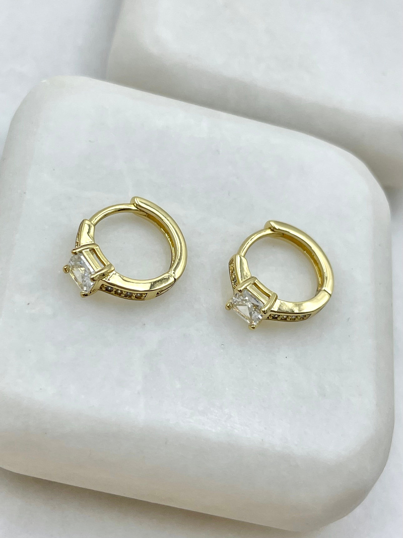 Özel Seri Kare Kristal ve Gömme Taşlı Halka Küpe Gold