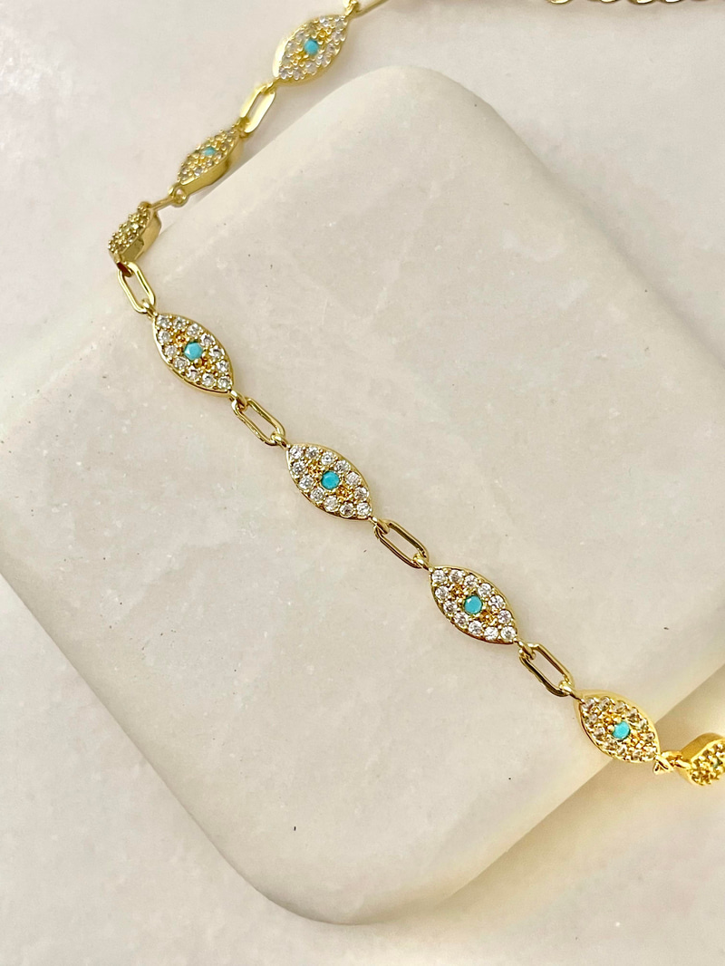 Altın Kaplama Gömme Taşlı Dizi Göz Model Bileklik Gold