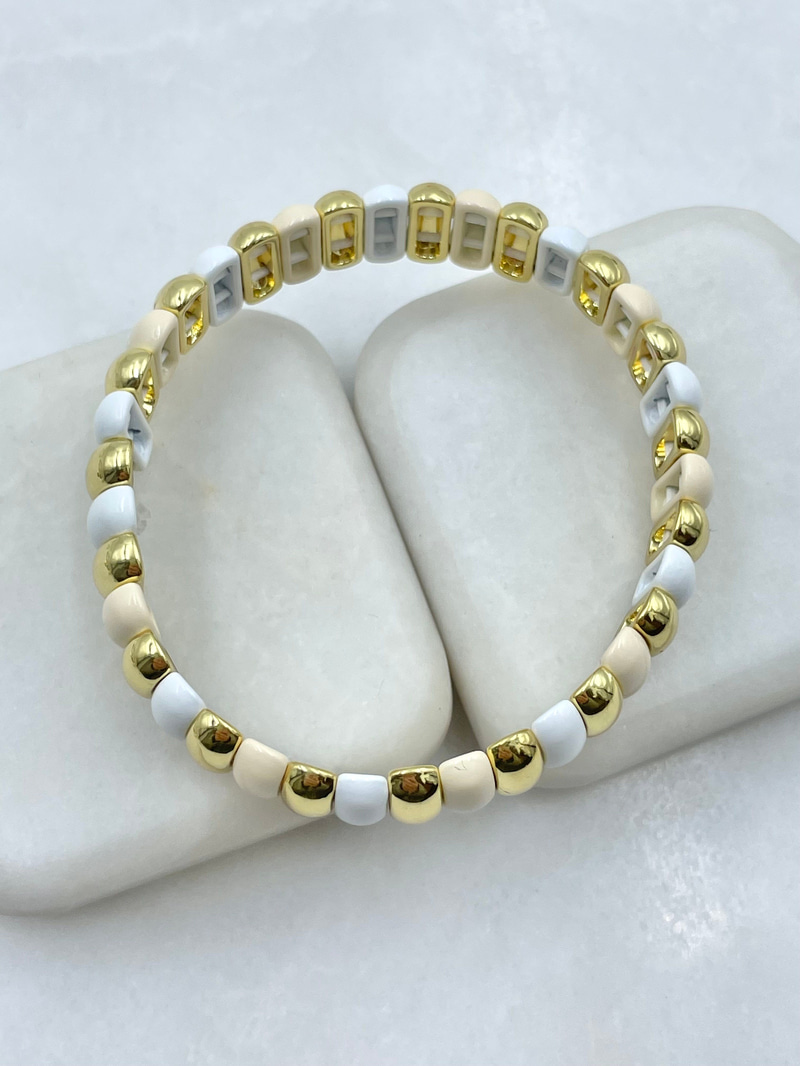 Beyaz Detaylı Sütun Porselen Lastik Bileklik Gold