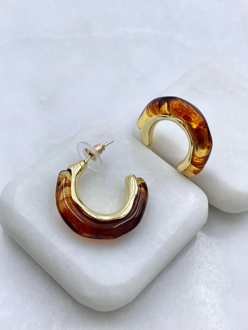 Altın Kaplama Gold Detaylı Halka Vintage Küpe Kahve