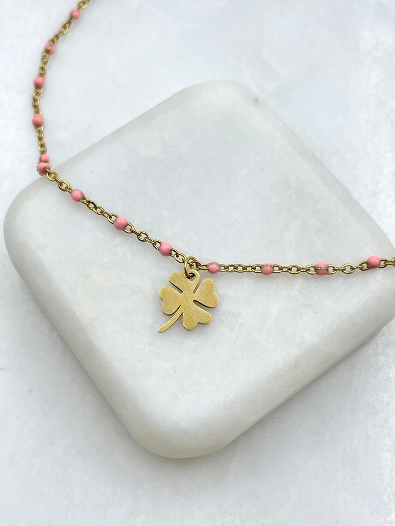 Yonca Sallantılı Pembe Mineli Zincir Halhal Gold