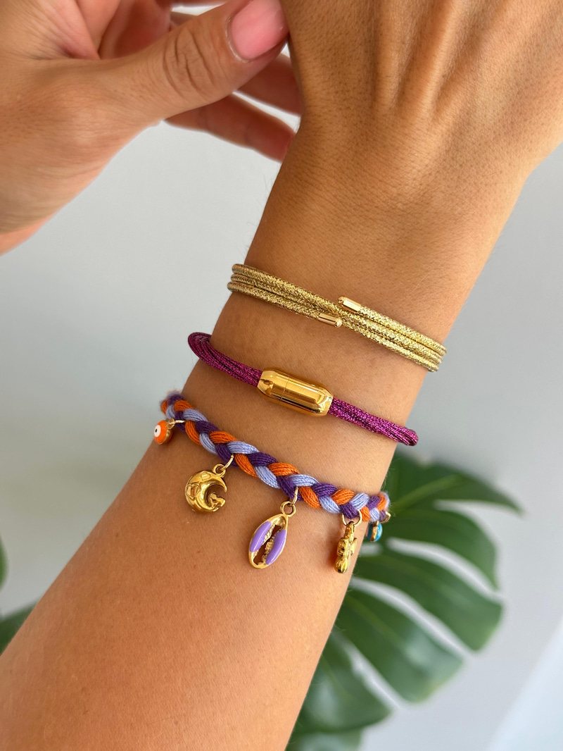 Çelik Charm Sallantılı Mor Örgü İp Bileklik Gold