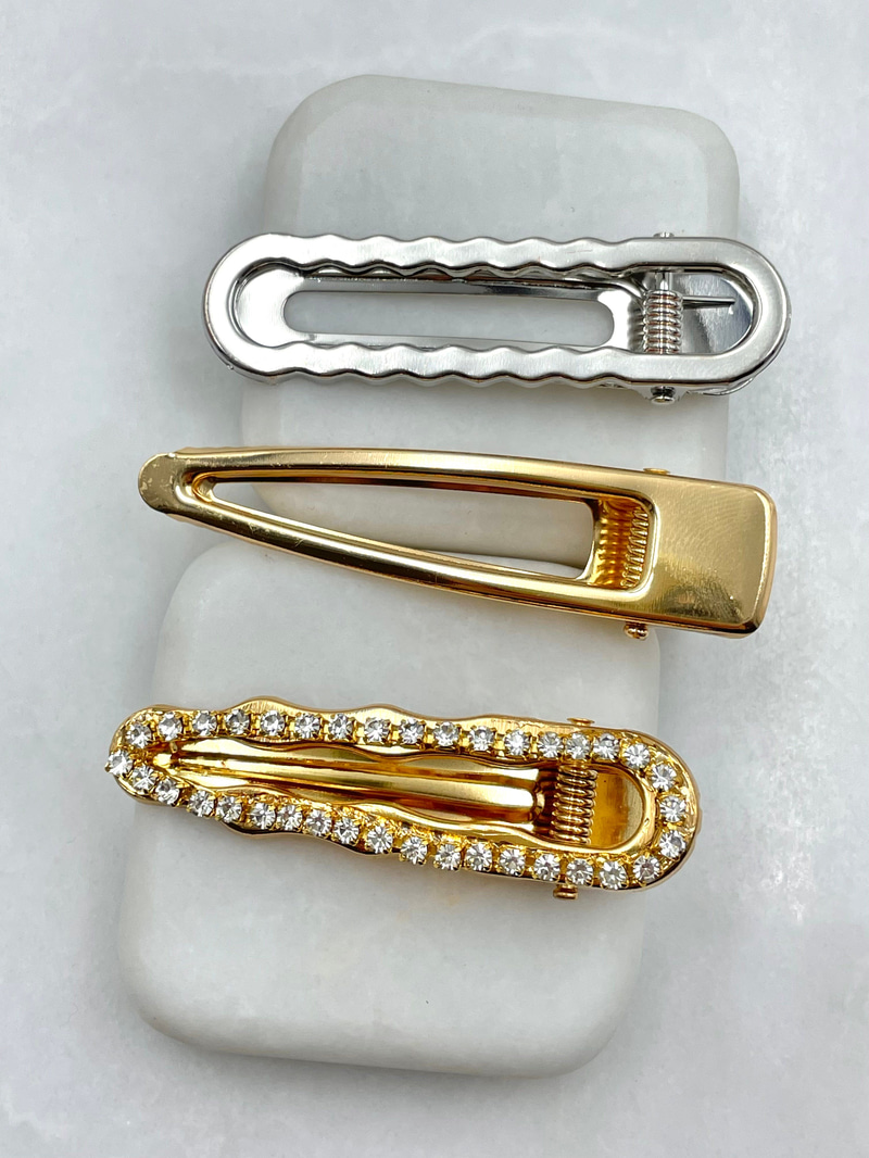 Kristal Taşlı Üçlü Dalgalı Pens Toka Seti Gold