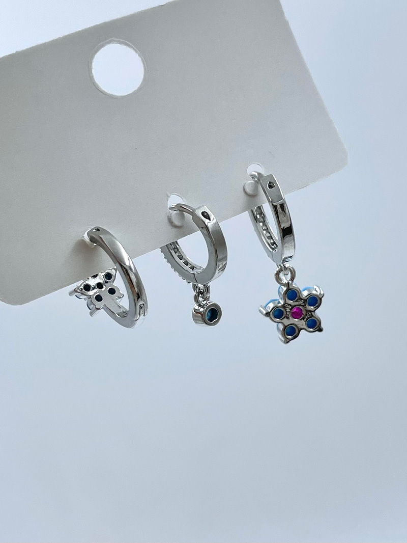 Altın Kaplama Üçlü Mavi Çiçek Model Set Küpe Gümüş