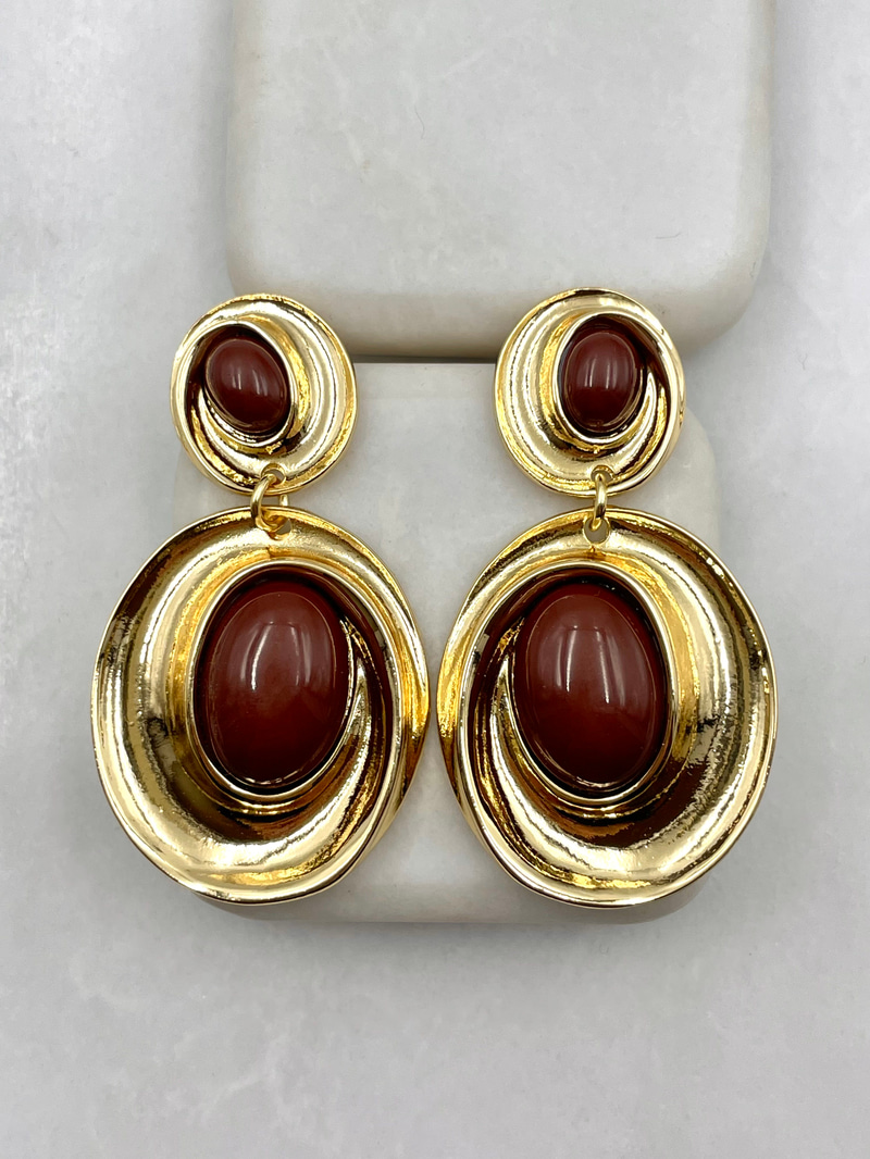 Taşlı Büyük Küçük Sarmal Vintage Küpe Kahve