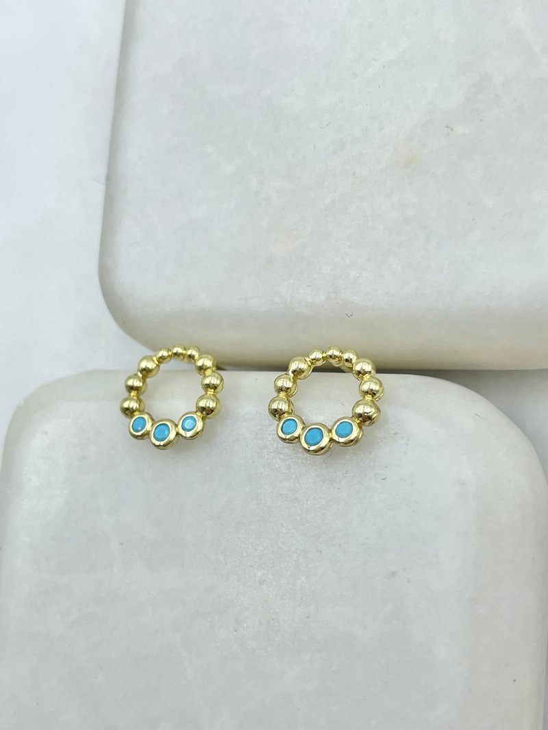 Özel Seri Minimal Mavi Taşlı İçi Boş Daire Küpe Gold