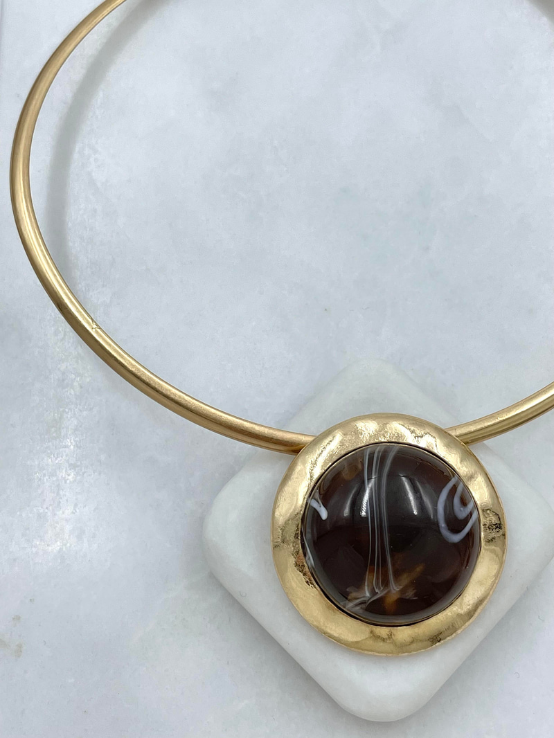 Altın Kaplama Doğal Taşlı Vintage Choker Kolye Kahve