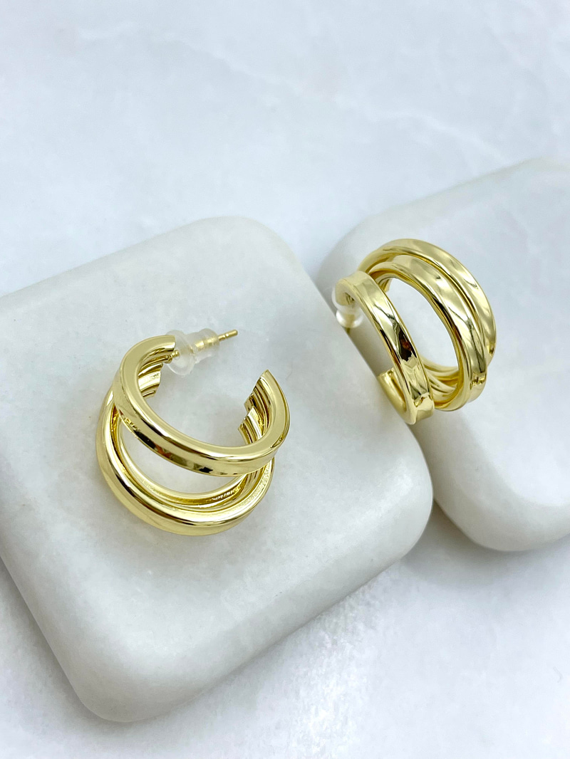 Altın Kaplama Köşeli Üçlü Görünüm Halka Küpe Gold