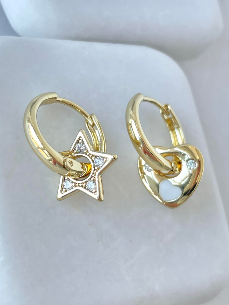Özel Seri Yıldız ve Kalp Charmlı Halka Küpe Gold