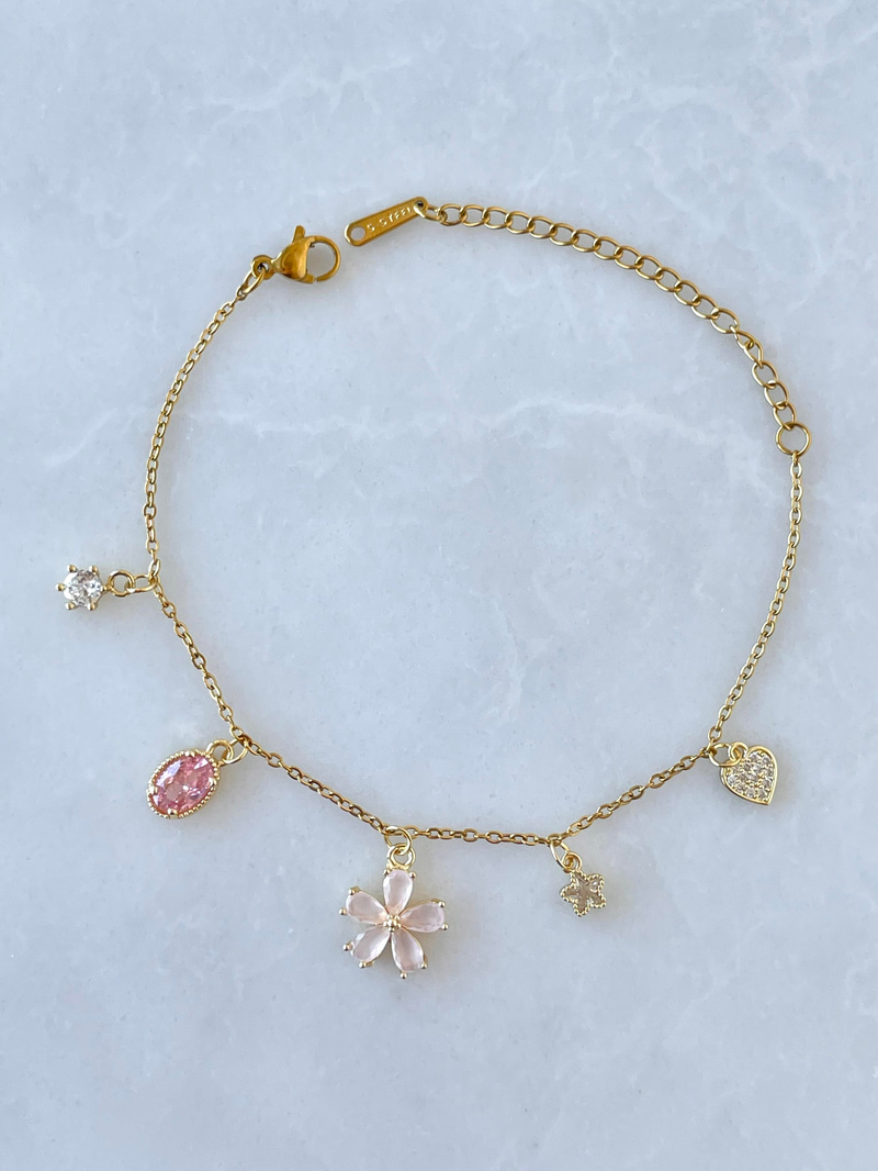 Çelik Pembe Kristal Taşlı Çiçek Bileklik Gold