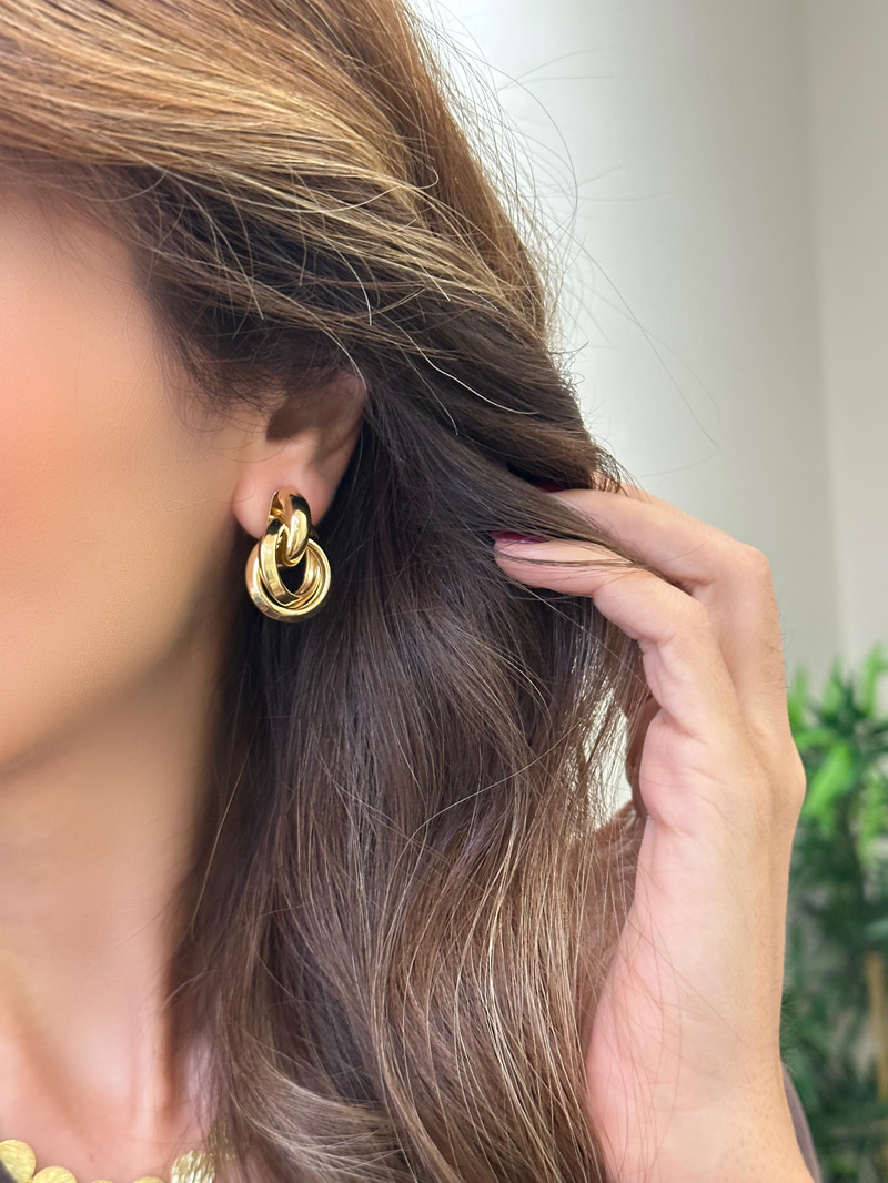 Altın Kaplama İçi Boş Çift Halka Vintage Küpe Gold