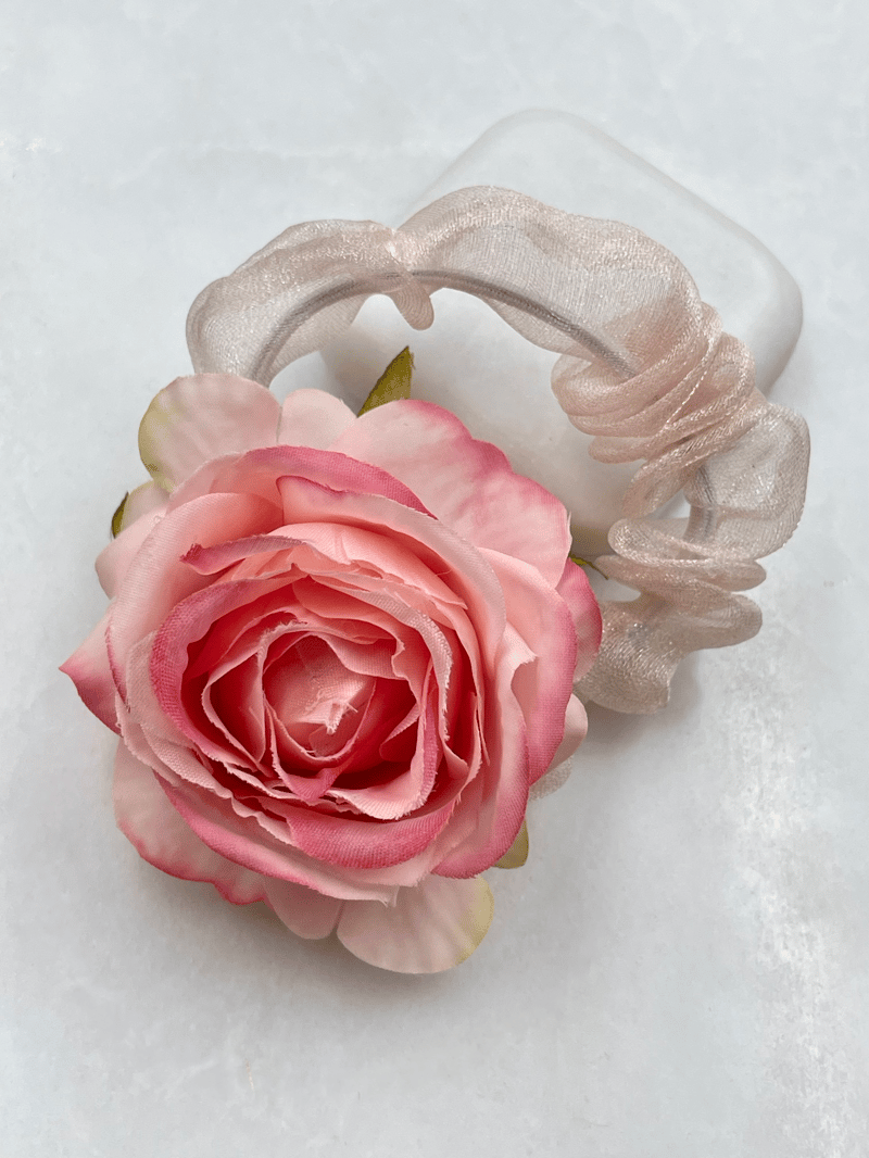 Organze Tül Gül Model Scrunchie Toka Pembe