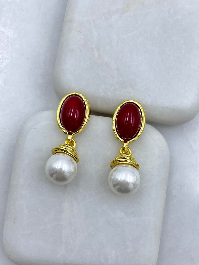 Altın Kaplama İnci Sallantılı Vintage Bordo Küpe Gold