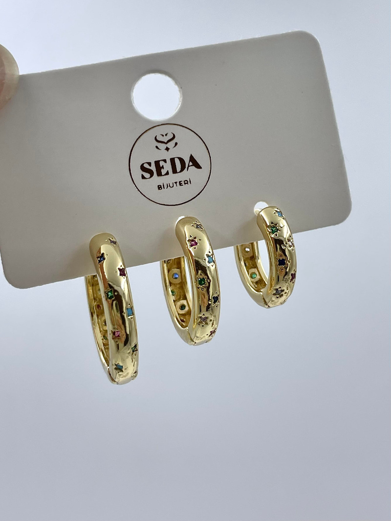 Altın Kaplama Üçlü Renkli Kristal Taşlı Halka Set Küpe Gold