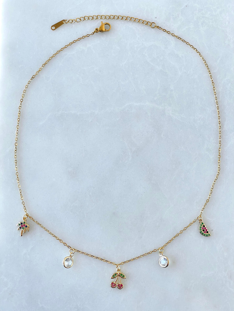 Çelik Renkli Kiraz ve Karpuz Sallantılı Kolye Gold