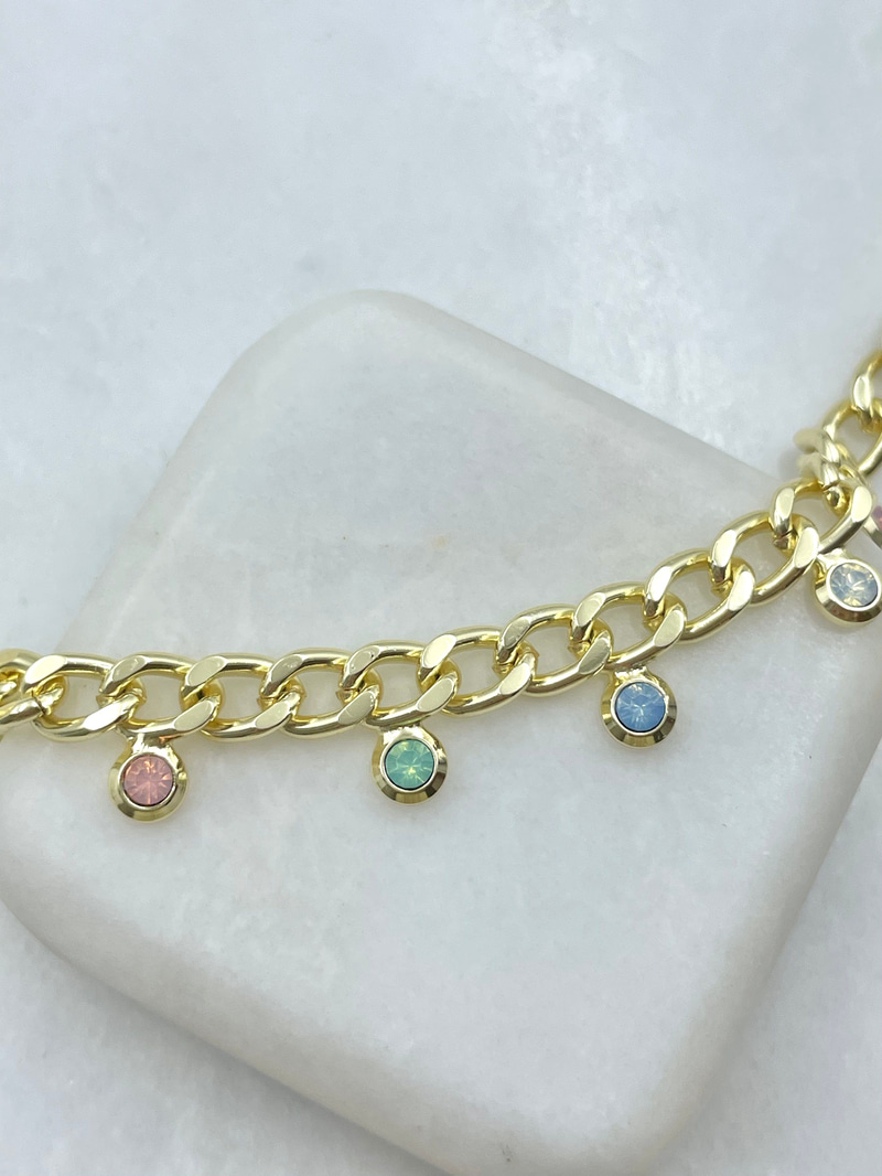 Pastel Kristal Taşlı Zincir Kolye Gold