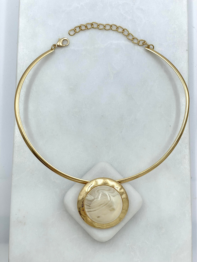 Altın Kaplama Doğal Taşlı Vintage Choker Kolye Ekru