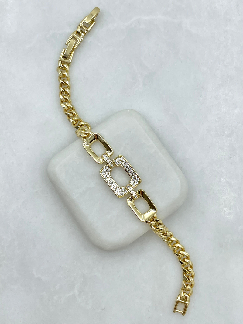 Özel Seri Gömme Taşlı Büyük Küçük Kare Zincir Bileklik Gold