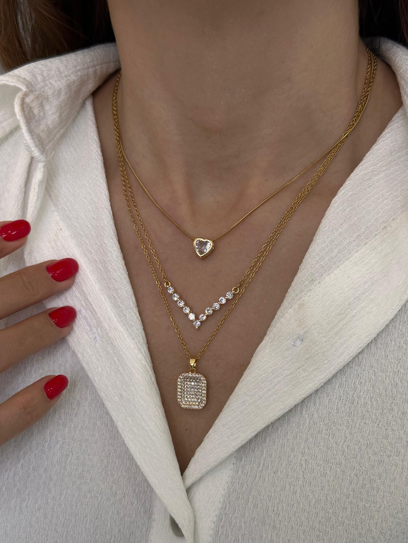 Çelik Minimal Kristal Taşlı V Kolye