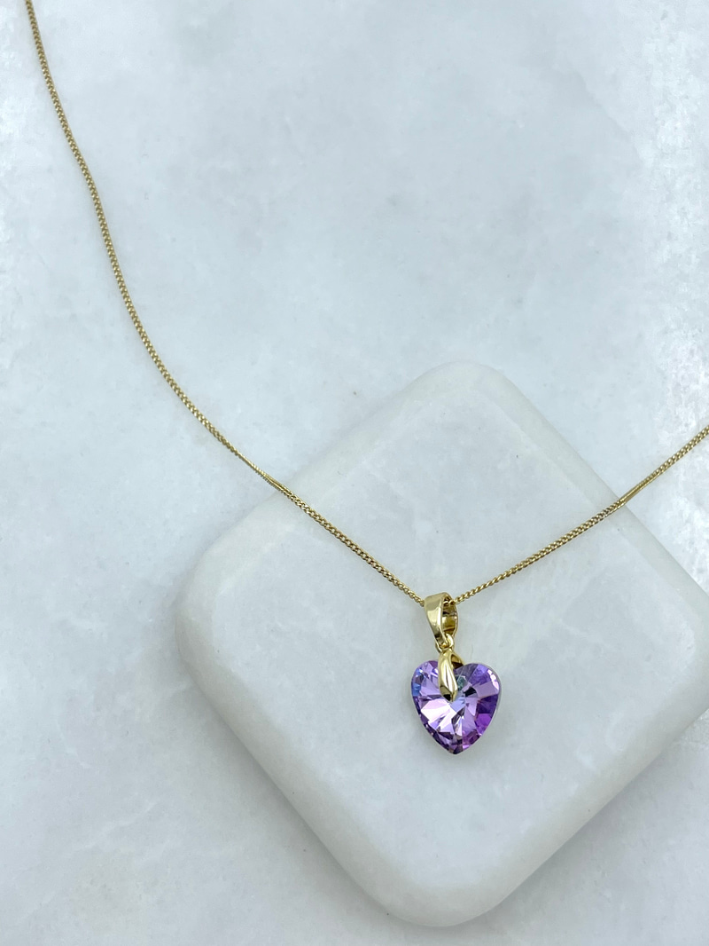 Özel Seri Mor Swarovski Taşlı Kalp Kolye Gold