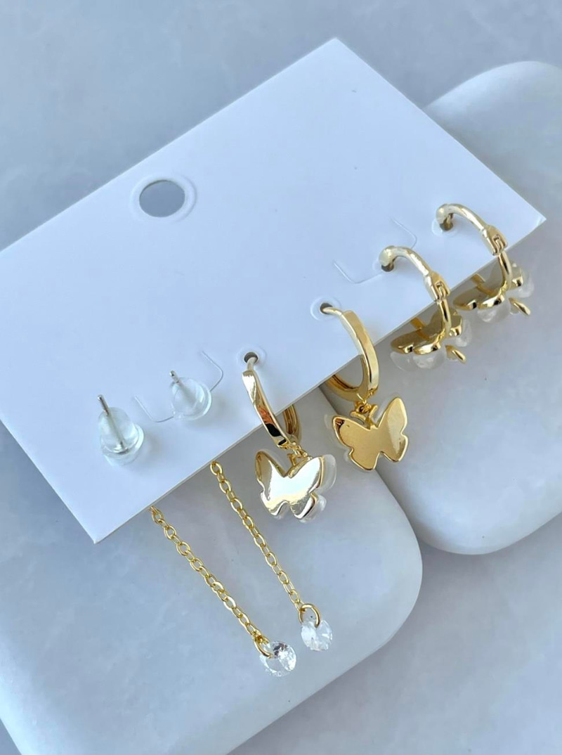 Özel Seri Altılı Opal Taşlı Altılı Kelebek Model Küpe Gold
