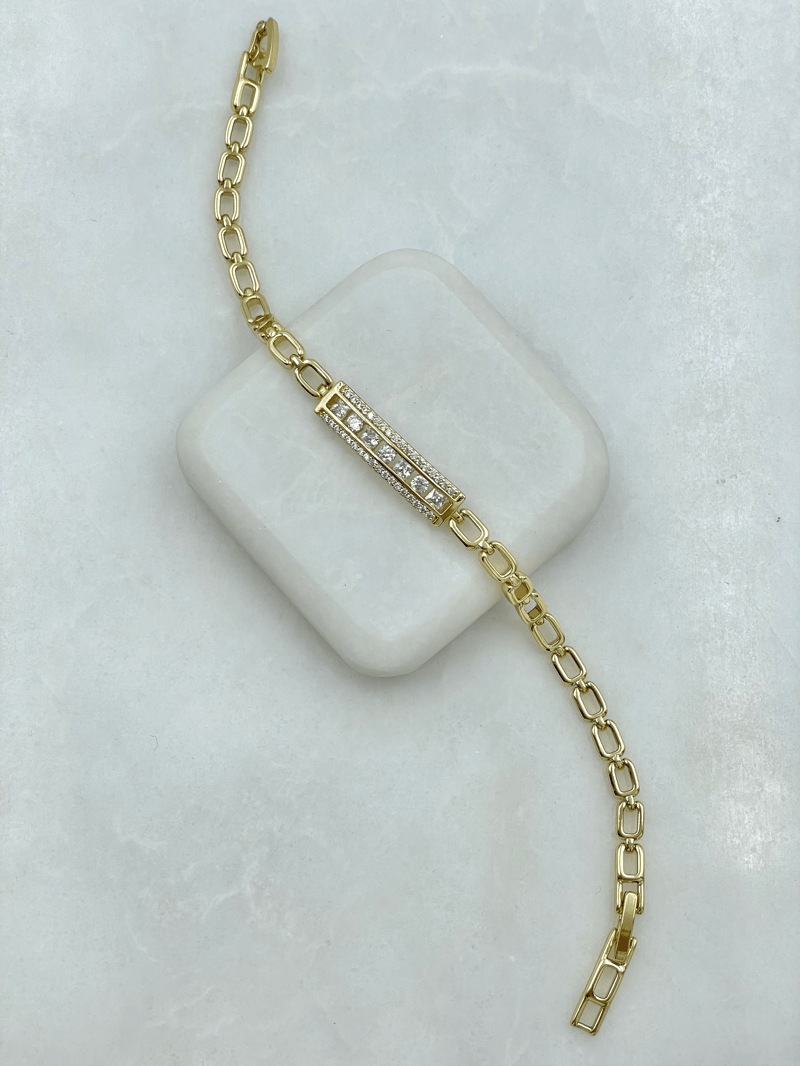 Özel Seri Gömme ve Kristal Taşlı Minimal Zincir Bileklik Gold
