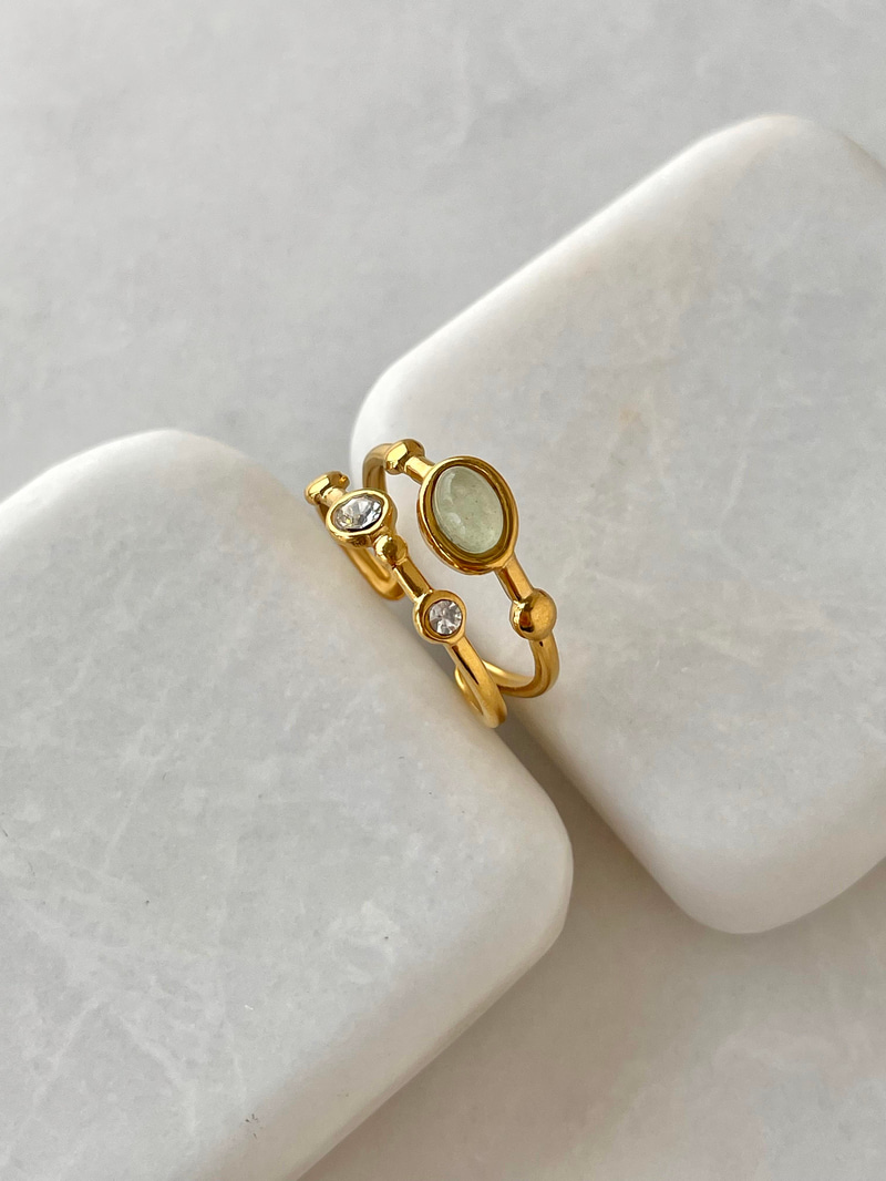 Çelik Opal ve Kristal Taşlı Çift Sıra Yüzük Yeşil