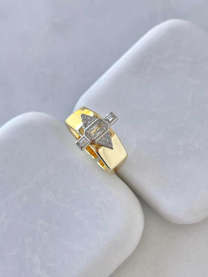Altın Kaplama Kristal Taşlı Çift Renk Serçe Parmak Yüzüğü Gold