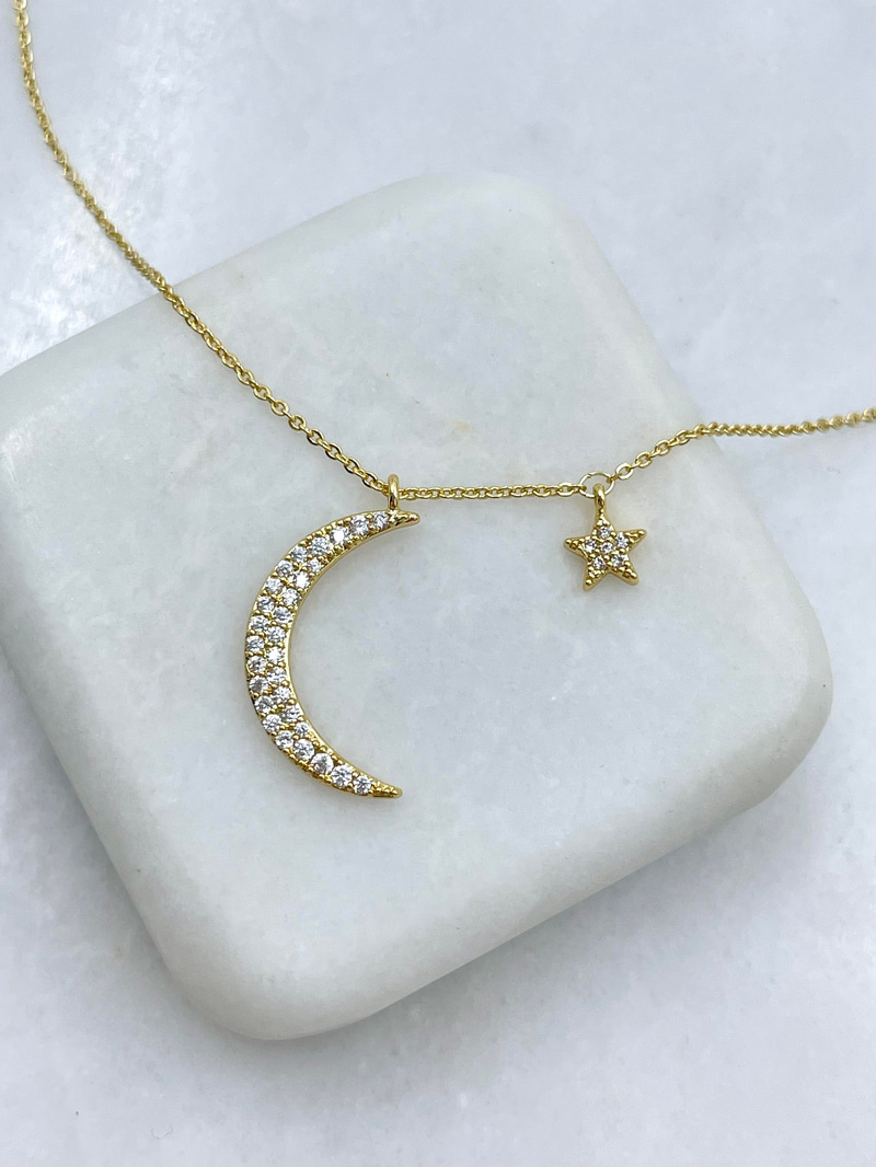 Altın Kaplama Gömme Taşlı Yıldız Sallantılı Ay Kolye Gold