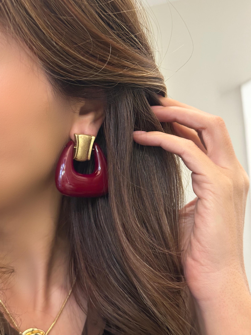Altın Kaplama Eskitme Detaylı Çanta Model Vintage Küpe Bordo