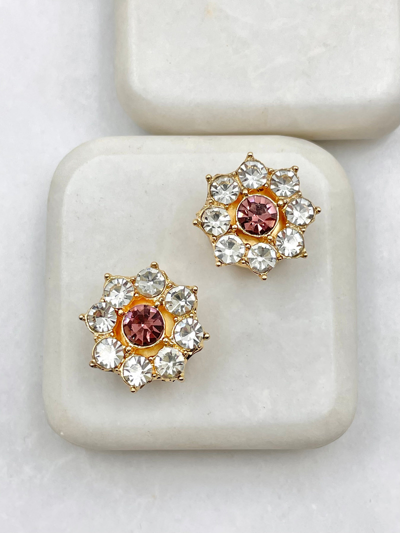 Pembe Kristal Çiçek Düğme Broş Renkli