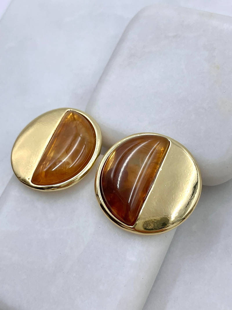 Altın Kaplama Gold Detaylı Daire Plaka Vintage Küpe Kahve