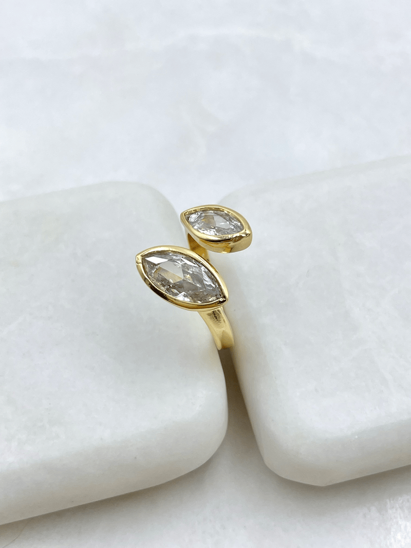 Altın Kaplama Büyük Küçük Kristal Taşlı Birleşim Yüzük Gold