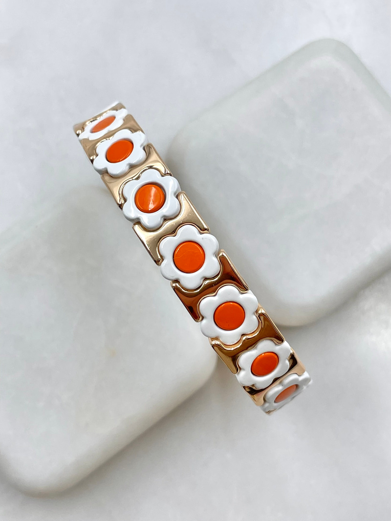 Altın Kaplama Gold Detaylı Çiçek Model Porselen Esnek Bileklik Turuncu