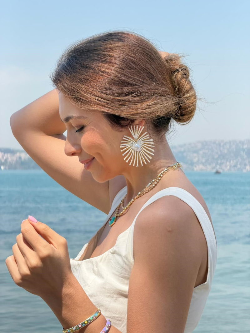 İnci Detaylı Jüt İp Küpe Ekru