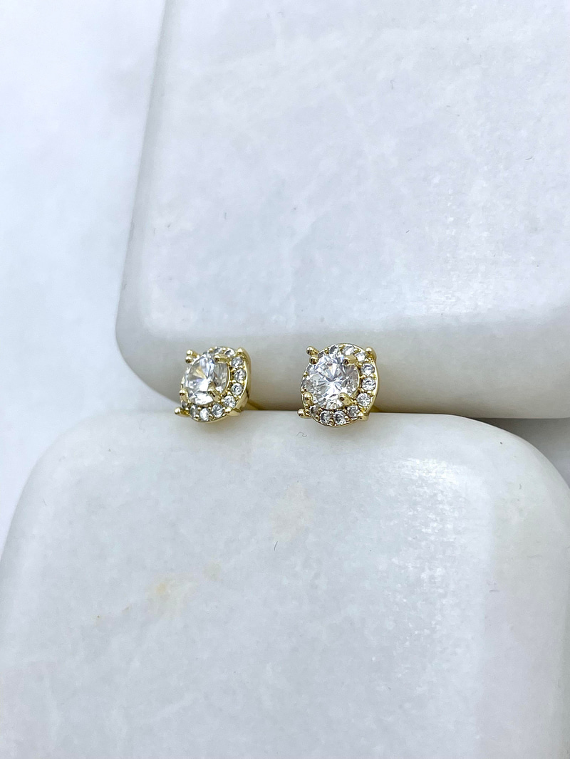 Özel Seri Gömme ve Kristal Taşlı Daire Küpe 0.6 mm Gold