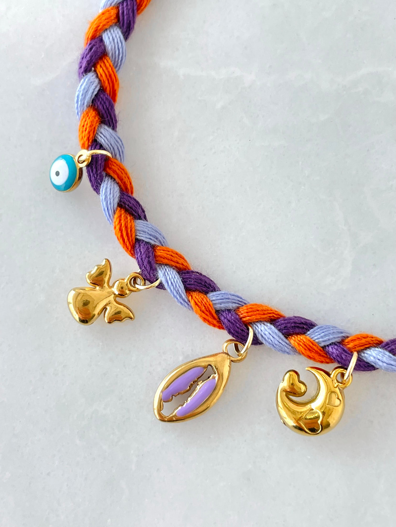 Çelik Charm Sallantılı Mor Örgü İp Bileklik Gold