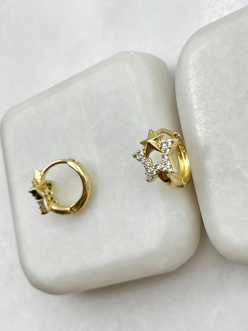 Özel Seri Gömme Taşlı Büyük Küçük Yıldız Küpe Gold