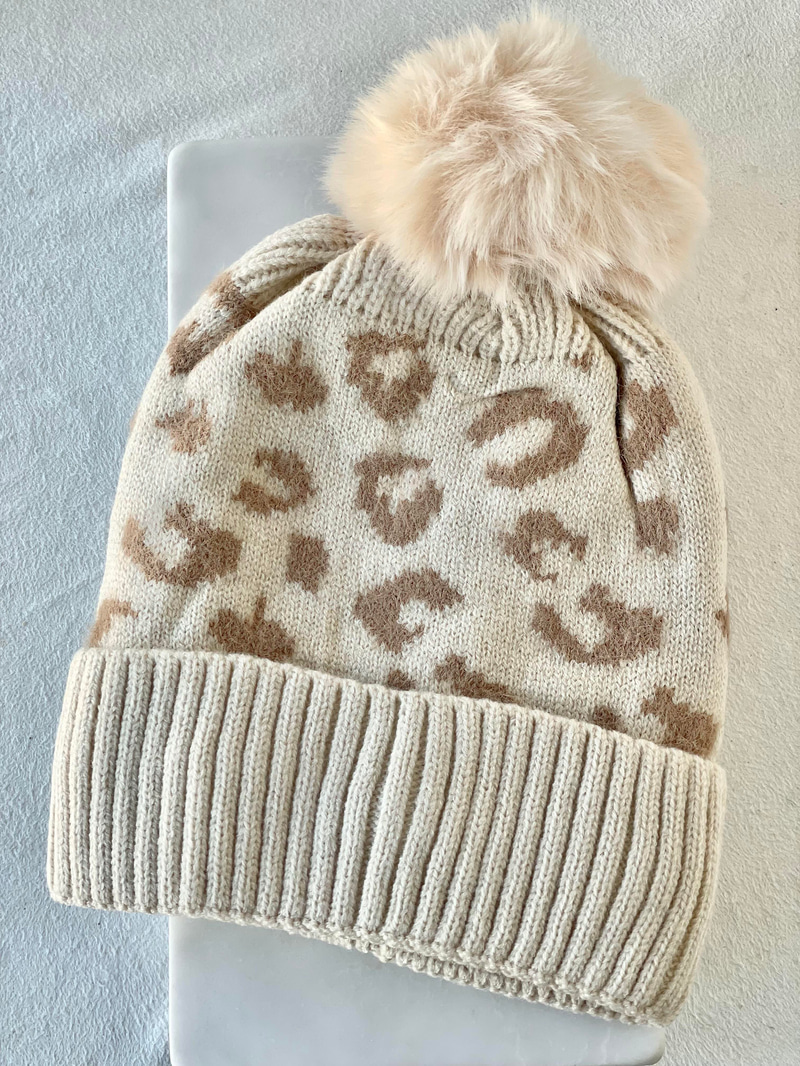 Ponponlu Leopar Desenli Bere Ekru