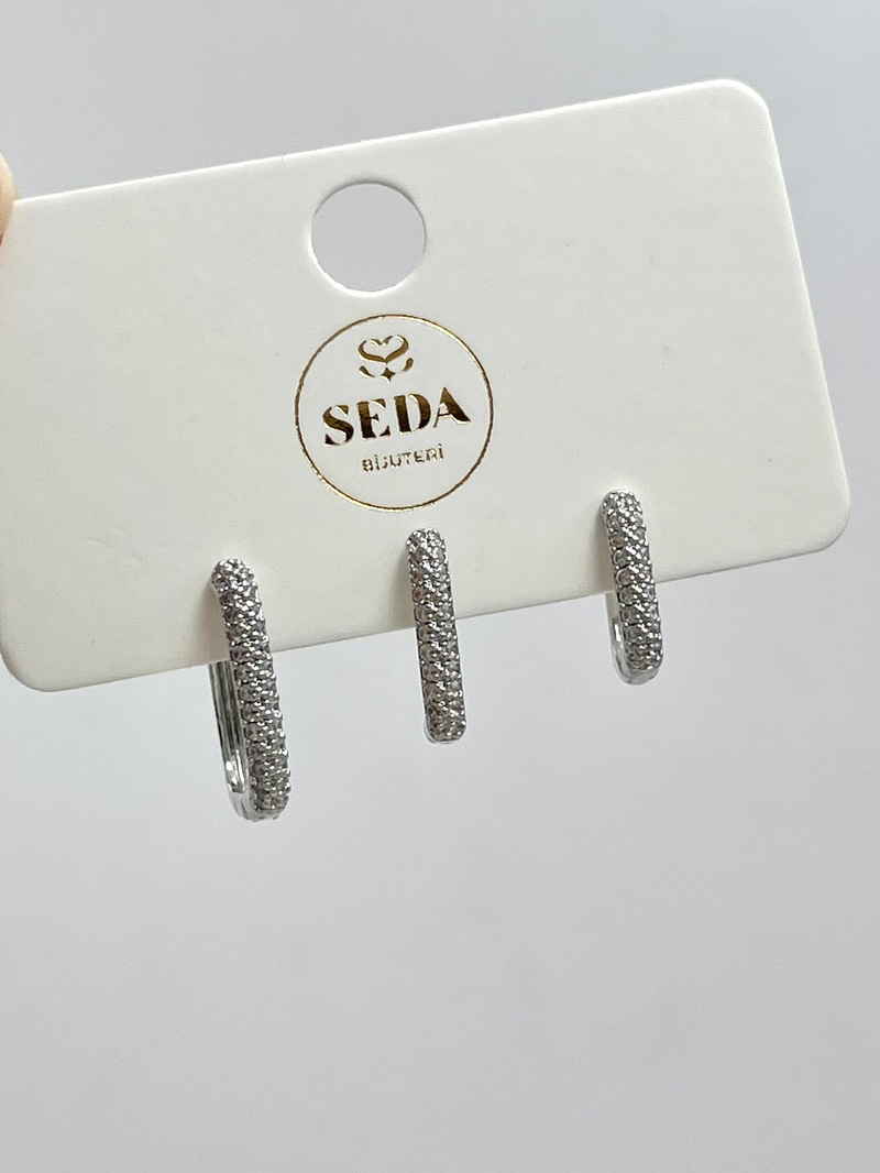 Altın Kaplama Gömme Taşlı Kare Model Üçlü Set Küpe Gümüş