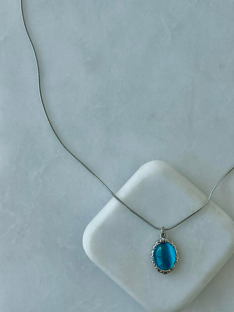 Çelik Opal Taşlı Etnik Desen Kolye Turkuaz-Gümüş