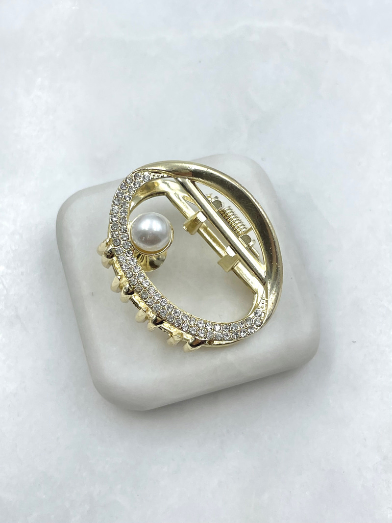 İnci ve Kristal Taşlı İçi Boş Oval Mandal Toka Gold