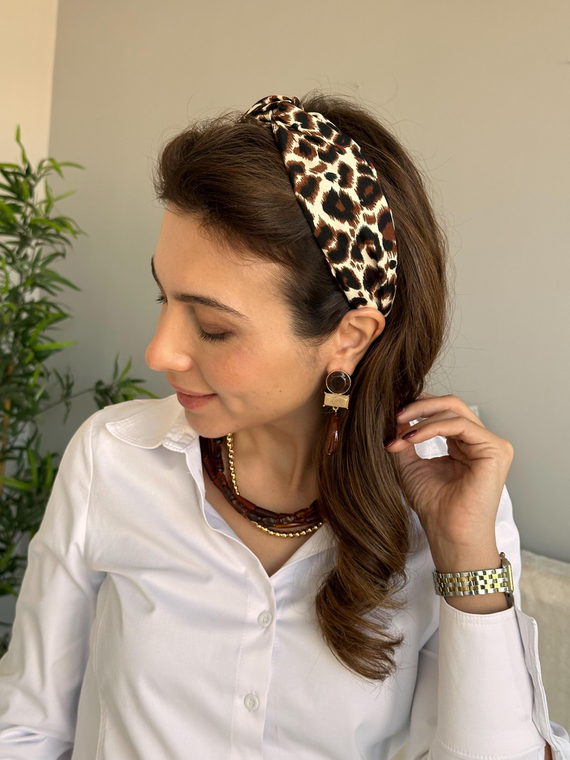 Leopar Desenli Düğüm Model Bandana Taç Bej