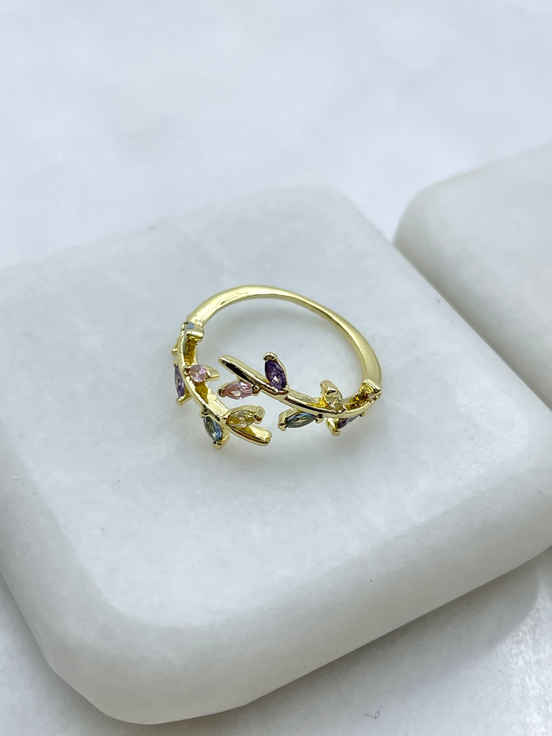 Altın Kaplama Renkli Kristal Taşlı Yaprak Yüzük Gold